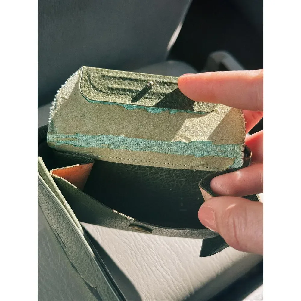 Vintage 50s Green Pebbled Leather Bifold Wallet, Chevron Emblem